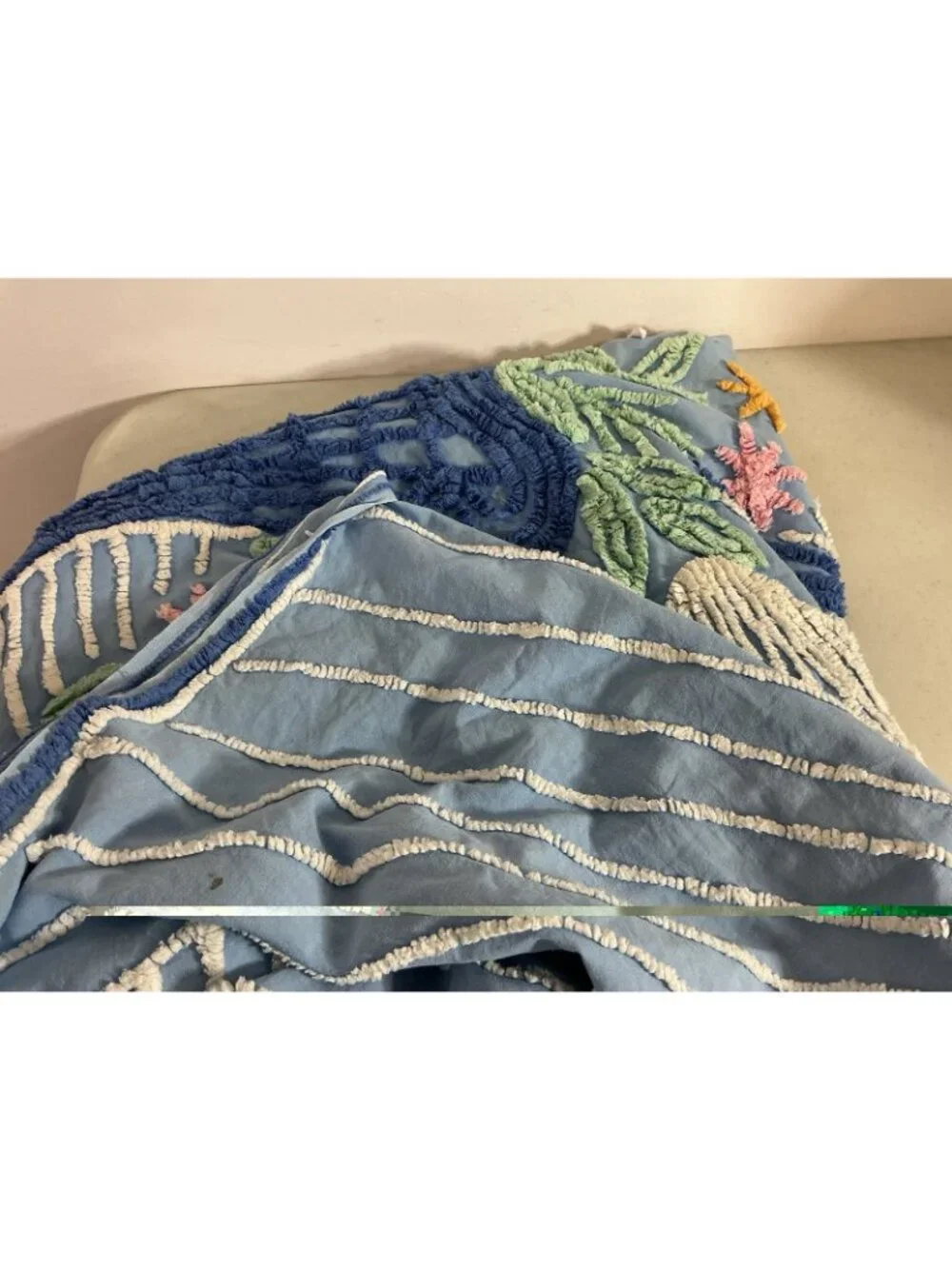 Vintage Chenille Flower Basket and Blue Ribbon Bedspread Full